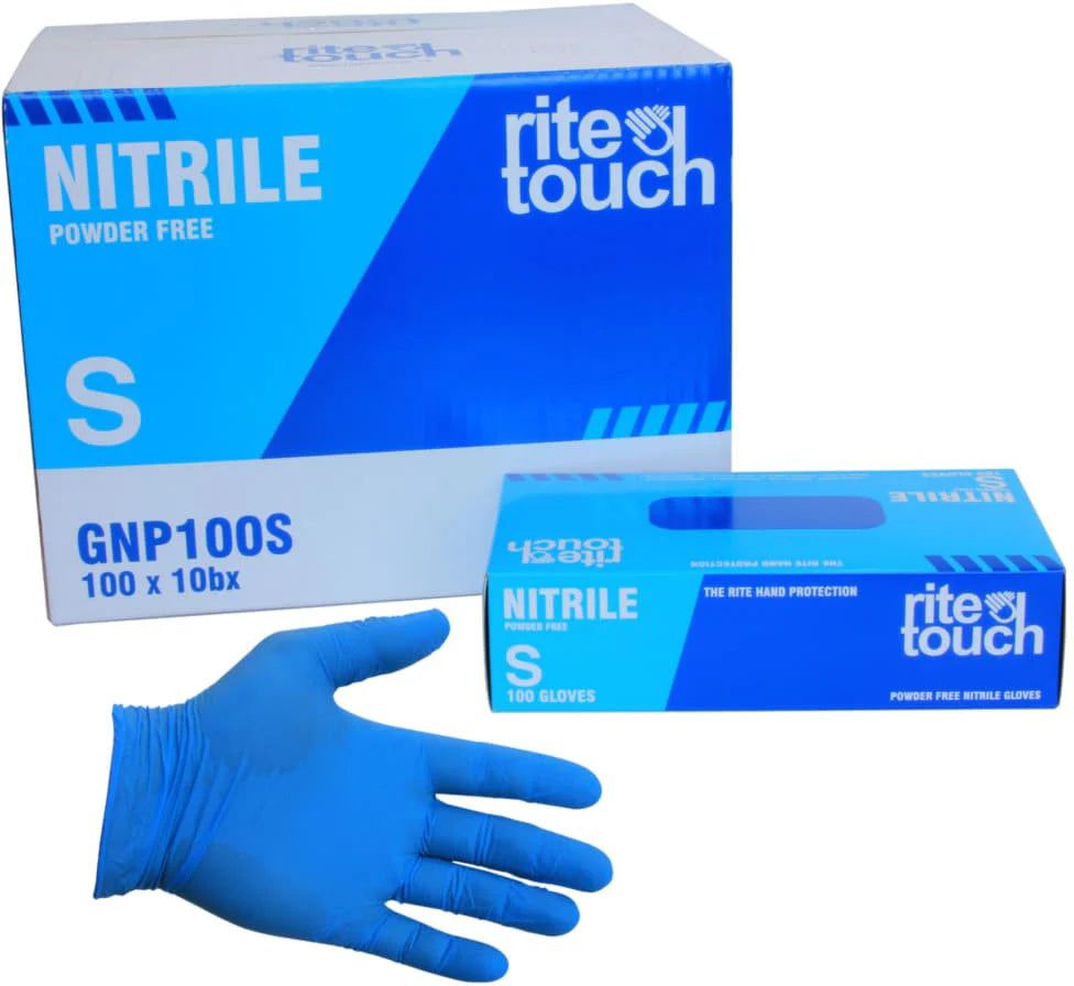 RiteTouch - Blue Small PF Nitrile Gloves, 100/Box, 10Bx/Cs, 75cs/sk, 5Cs/Tier - RTGNP100S