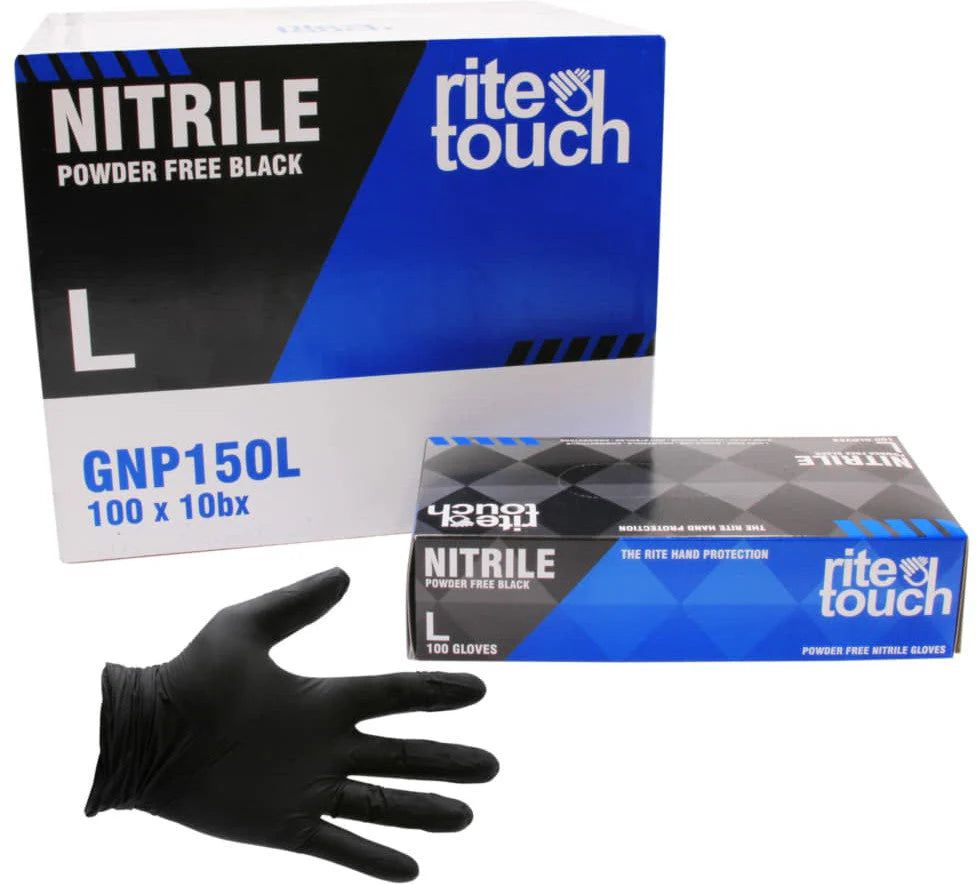 RiteTouch - 5 mil Black Large PF Nitrile Gloves, 100/Box, 10Bx/Cs, 75cs/sk, 5Cs/Tier - RTGNP150L