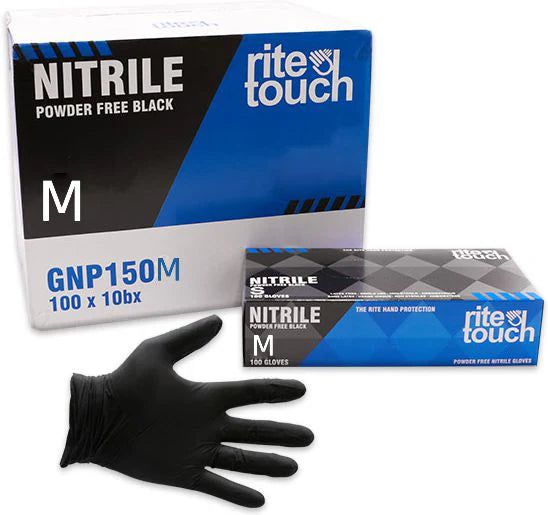 RiteTouch - 5 Mil Black Medium PF Nitrile Gloves, 100/Box, 10Bx/Cs, 75cs/sk, 5Cs/Tier - RTGNP150M