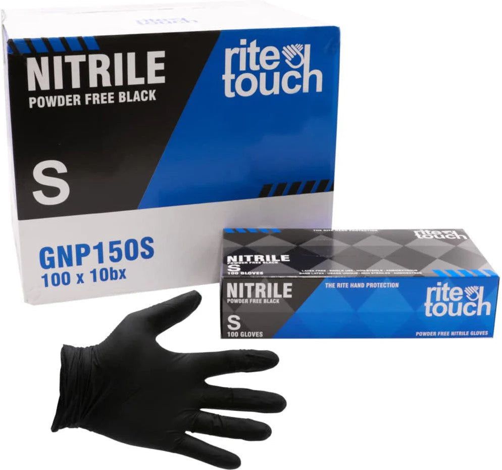 RiteTouch - 5 Mil Black Small PF Nitrile Gloves, 100/Box, 10Bx/Cs, 75cs/sk, 5Cs/Tier - RTGNP150S