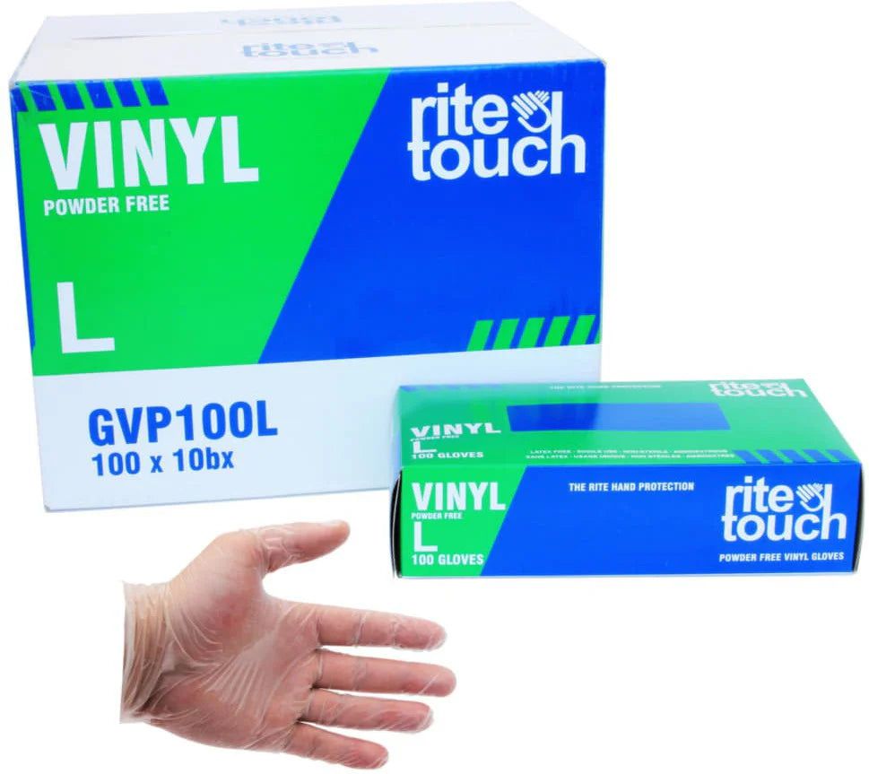 RiteTouch - Large Clear PF Vinyl Gloves, 100/bx, 10bx/cs, 75cs/sk, 5Cs/Tier - RTGVP100L