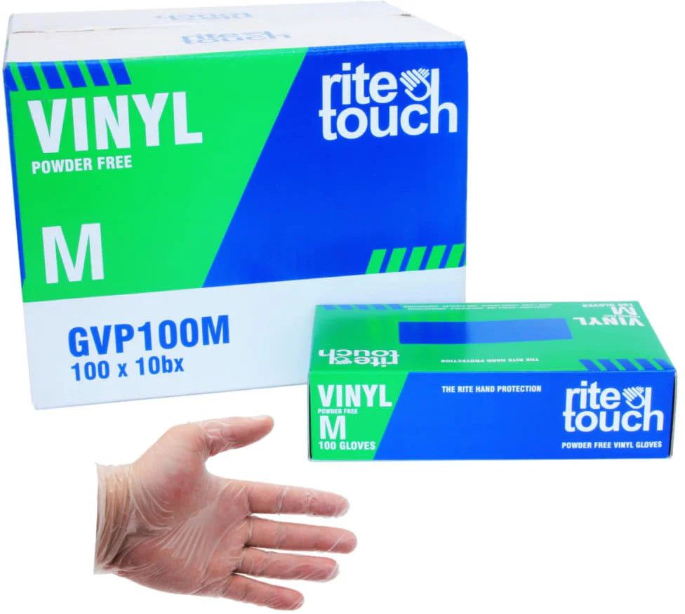 RiteTouch - Clear Medium PF Vinyl Gloves, 100/bx, 10bx/cs, 75cs/sk, 5Cs/Tier - RTGVP100M