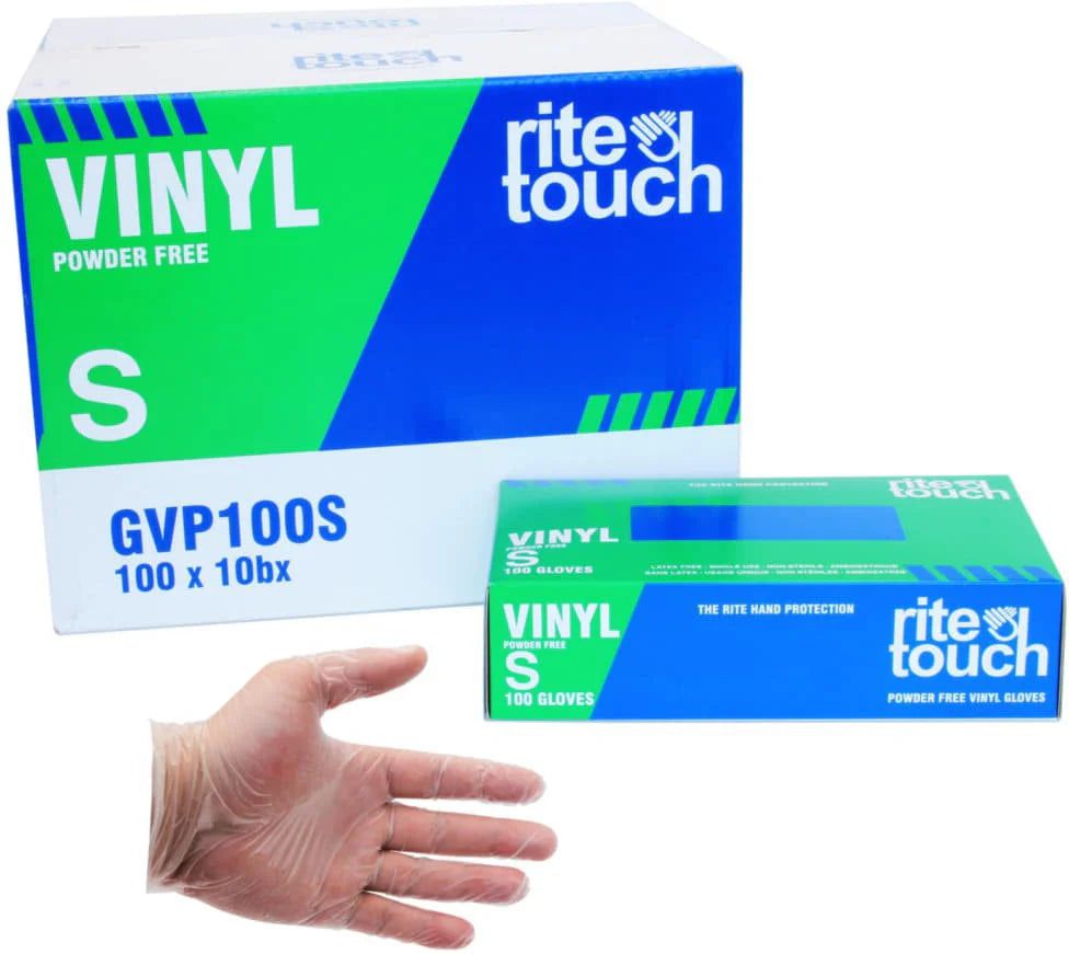 RiteTouch - Clear Small PF Vinyl Gloves, 100/bx, 10bx/cs, 75cs/sk, 5Cs/Tier - RTGVP100S