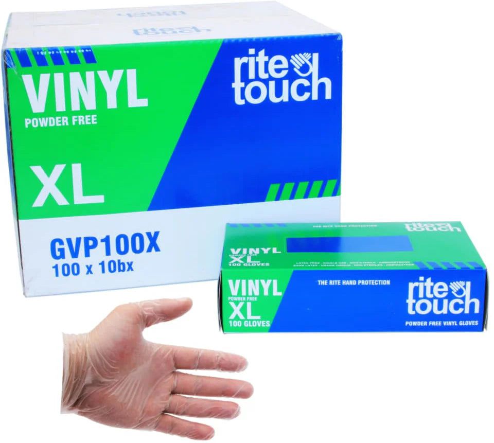 RiteTouch - Clear X-Large PF Vinyl Gloves, 100/bx, 10bx/cs, 105cs/sk, 5Cs/Tier - RTGVP100X