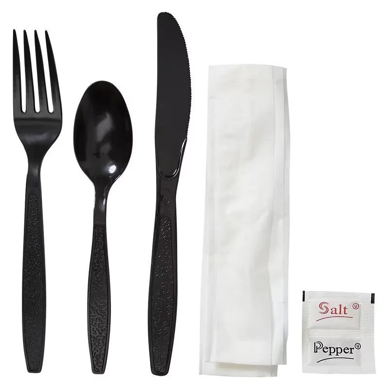 Safety Zone - Cutlery Kit 6 Pc PP Fork, Knife, Napkin, Spoon, Salt & Pepper, Pack of 250 - CKPPMW225
